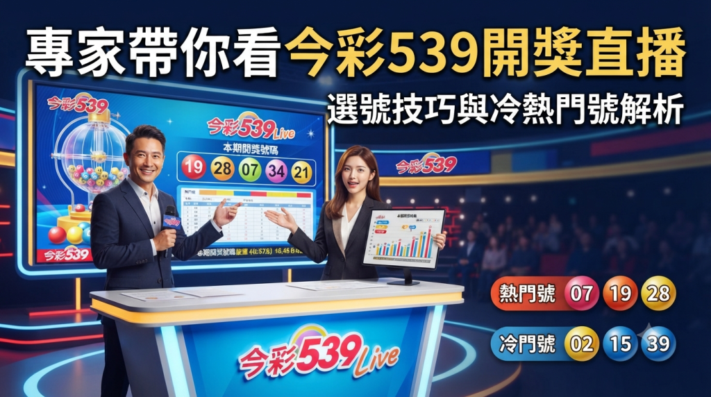 畫面中呈現專家解說選號技巧與冷熱門號分析。 圖片結合了專業攝影棚播報場景與清晰的數據圖表，文字全部採用繁體中文呈現。